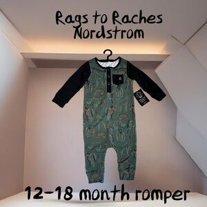 Rags to Raches, Nordstrom, 12-18 month romper, green and black with zoo animals.